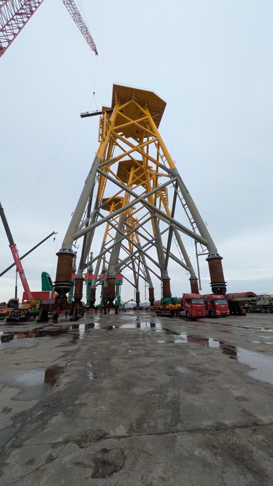Jacket foundation standing in the fabrication yard ahead of load-out